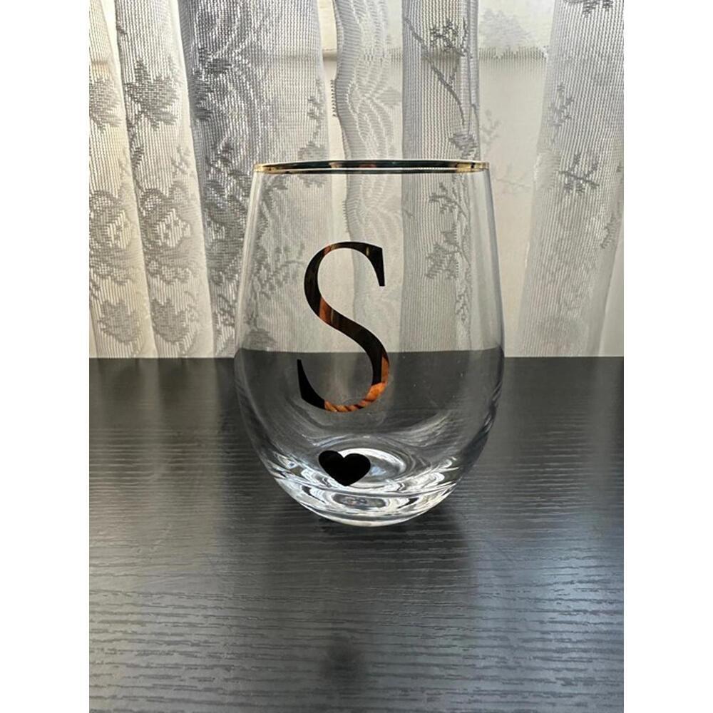 Gold Rim Monogram “S” Stemless Wine Glass – New in Box